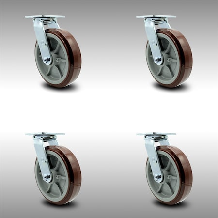 Service Caster 8 Inch Stainless Steel Polyurethane Wheel Swivel Caster Set with Roller Bearings SCC-SS30S820-PPUR-4